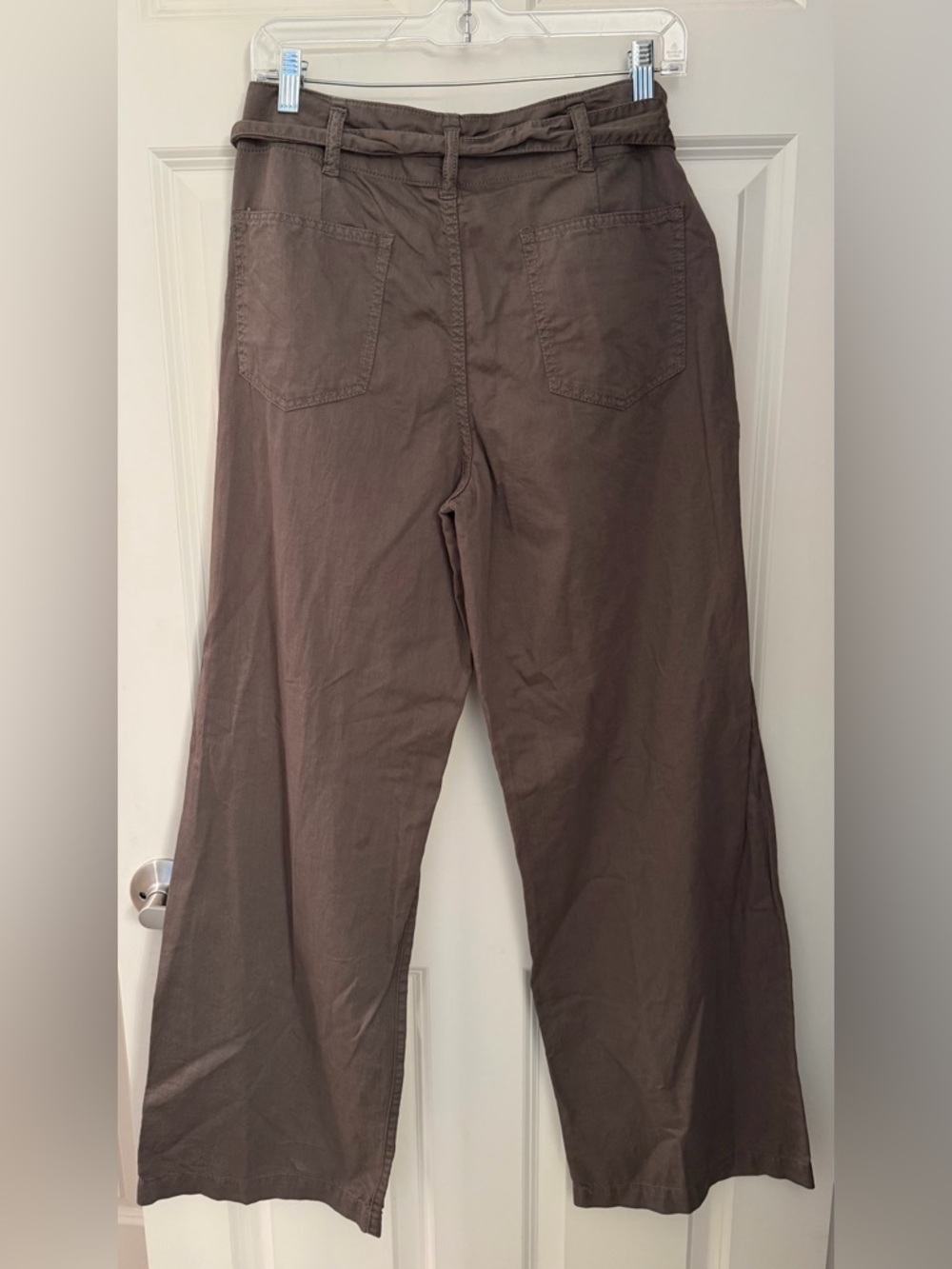 OAT 100% Cotton Wide Leg Full Length Pant w/ Tie Belt Closure, Khaki/Olive, 28 - Picture 5 of 11